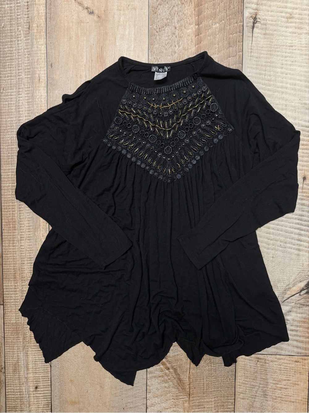 VENUS Black Long Sleeve Tunic with Decorative Beaded Yoke